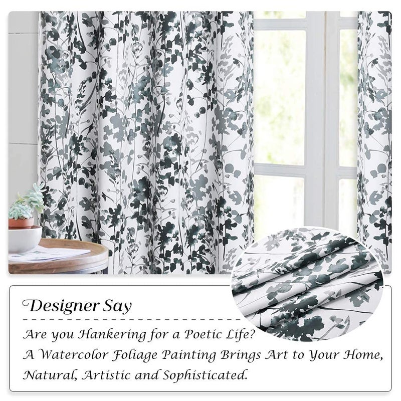 KGORGE Grey Curtains Blackout - Farmhouse Boho Window Treatmnet Privacy Watercolor Leaves Printed Curtains for Art Gallery Exhibition Living Room Kids Bedroom Office, W 52 x L 63 inch, 2 Panels - Image 5